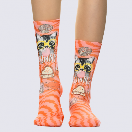 Chaussettes Wigglesteps, Chaussettes motif chat pop mixte en coton bio rose