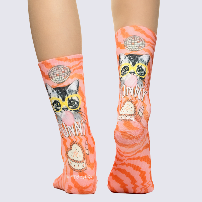 Chaussettes Wigglesteps, Chaussettes motif chat pop mixte en coton bio rose