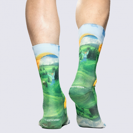 chaussettes Wigglesteps, chaussettes motif paysage artistique mixte en coton bio vert