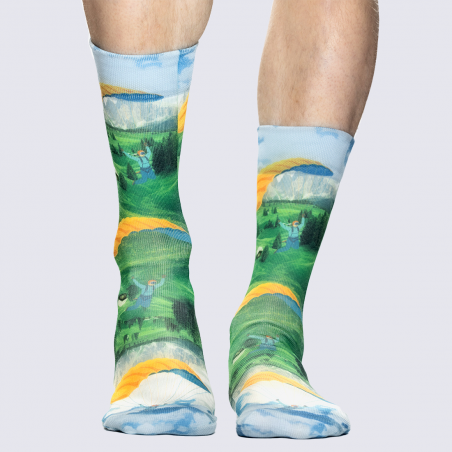 chaussettes Wigglesteps, chaussettes motif paysage artistique mixte en coton bio vert