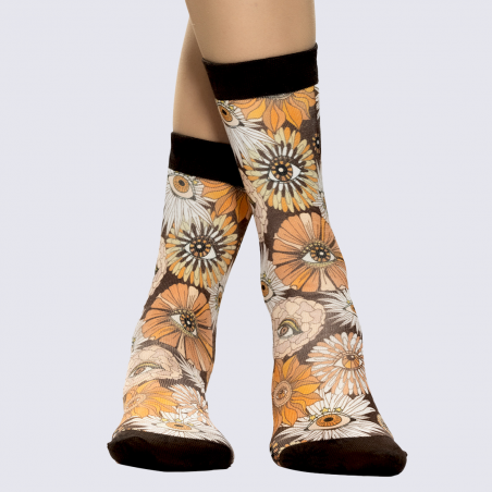 Chaussettes Wigglesteps, Chaussettes motif floral œil artistique mixte en coton bio marron