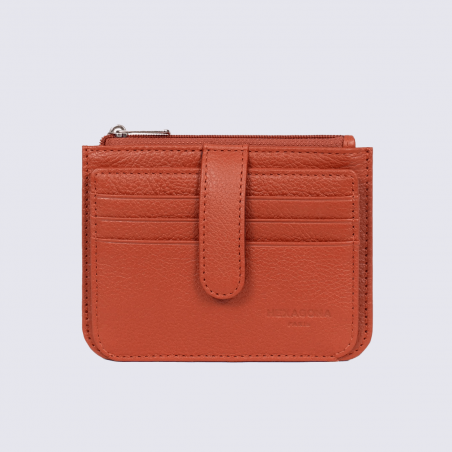 Porte-cartes Hexagona, Porte-cartes compact femme en cuir de vachette grainé orange