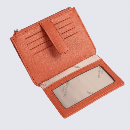 Porte-cartes Hexagona, Porte-cartes compact femme en cuir de vachette grainé orange