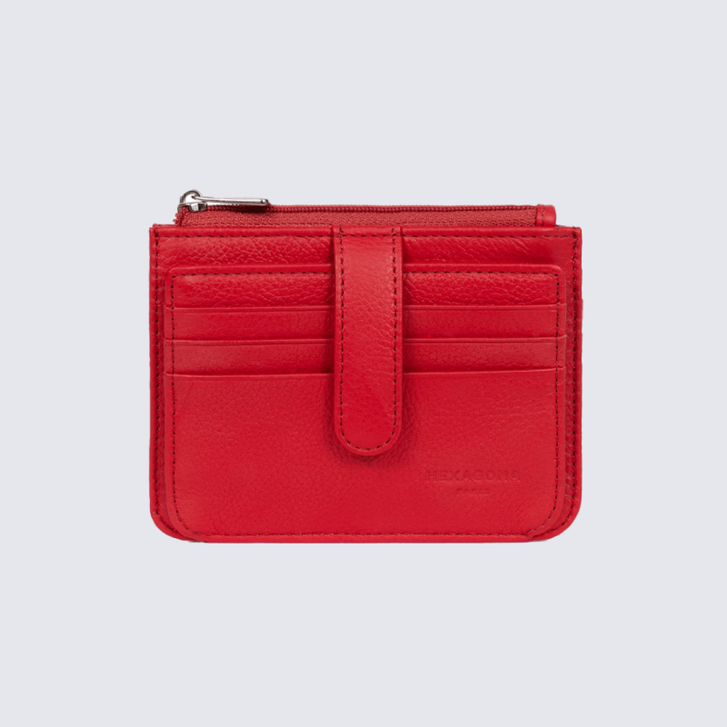 Porte-cartes Hexagona, Porte-cartes compact femme en cuir de vachette grainé fraise