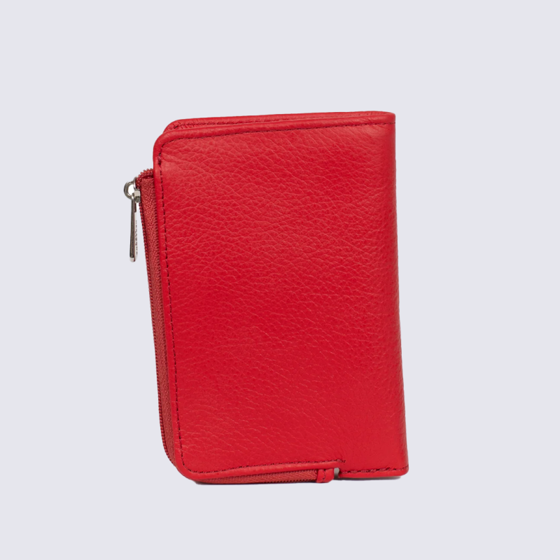 Portefeuille Hexagona, Portefeuille compact femme en cuir de vachette grainé fraise