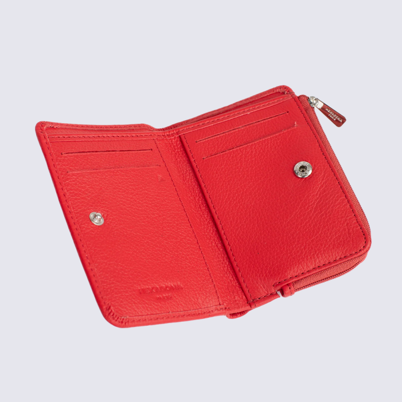 Portefeuille Hexagona, Portefeuille compact femme en cuir de vachette grainé fraise