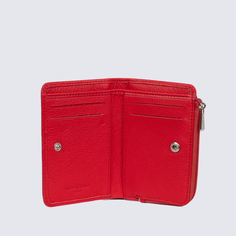 Portefeuille Hexagona, Portefeuille compact femme en cuir de vachette grainé fraise