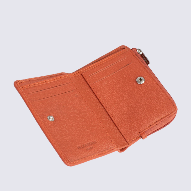 Portefeuille Hexagona, Portefeuille compact femme en cuir de vachette grainé orange