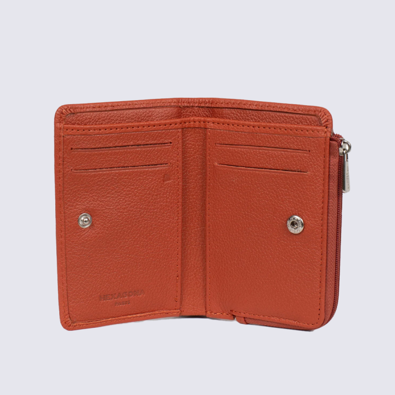 Portefeuille Hexagona, Portefeuille compact femme en cuir de vachette grainé orange