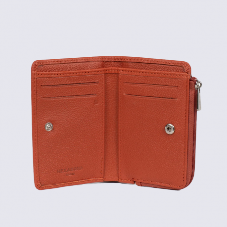 Portefeuille Hexagona, Portefeuille compact femme en cuir de vachette grainé orange