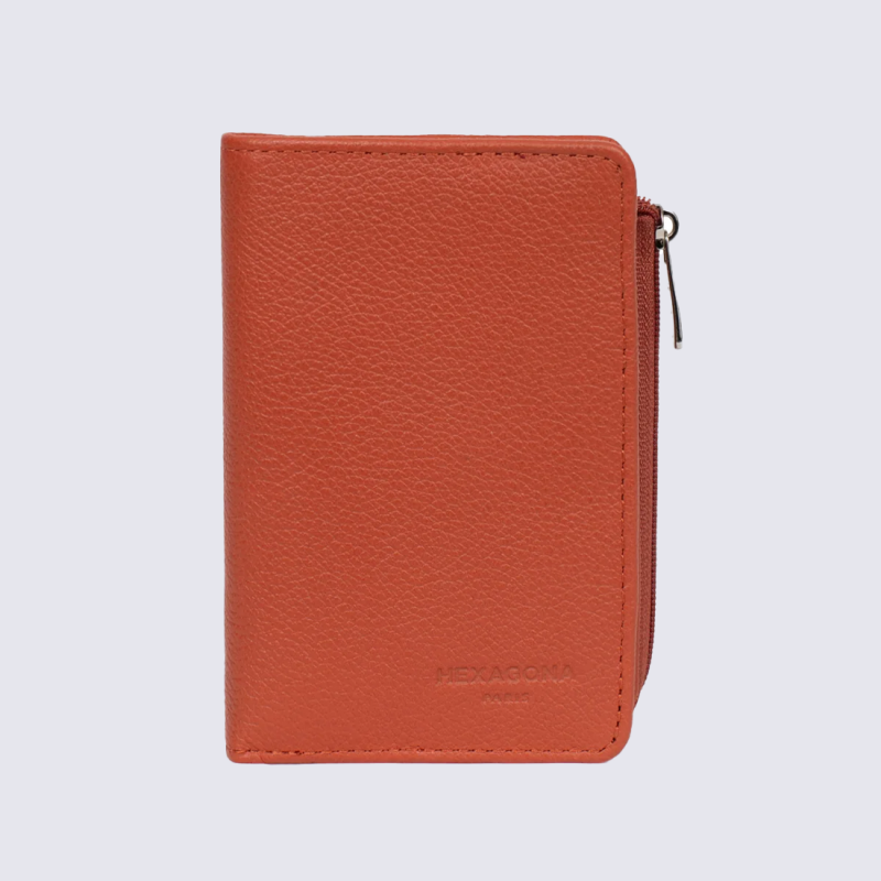 Portefeuille Hexagona, Portefeuille compact femme en cuir de vachette grainé orange