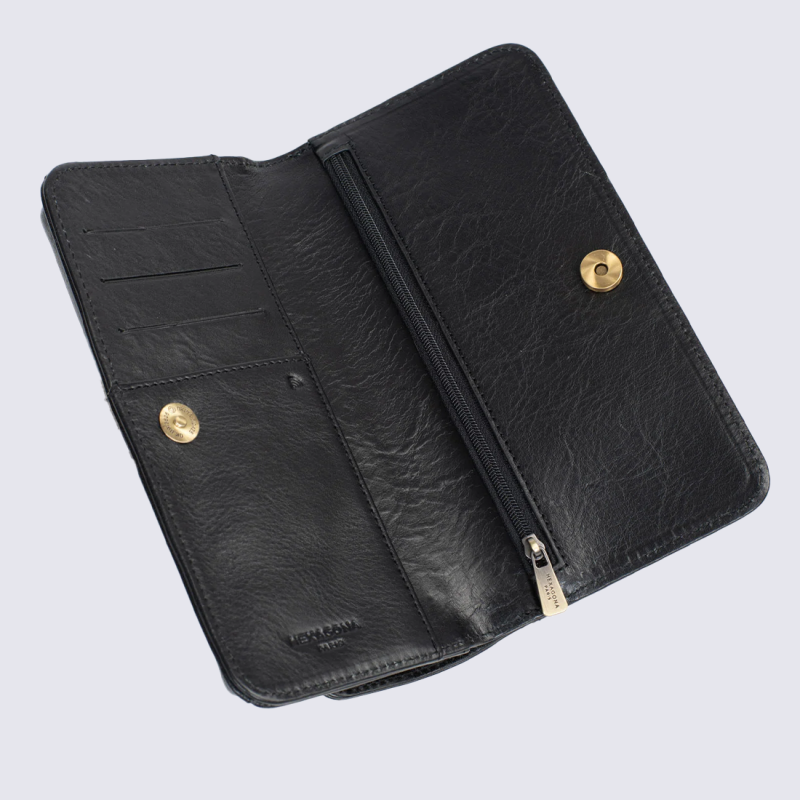 Sac portefeuille HEXAGONA, Sac portefeuille bandoulière chic femme en cuir noir