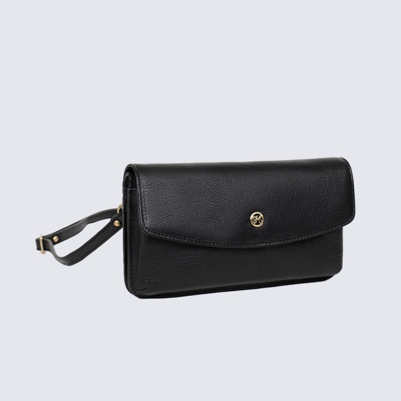 Sac portefeuille HEXAGONA, Sac portefeuille bandoulière chic femme en cuir noir