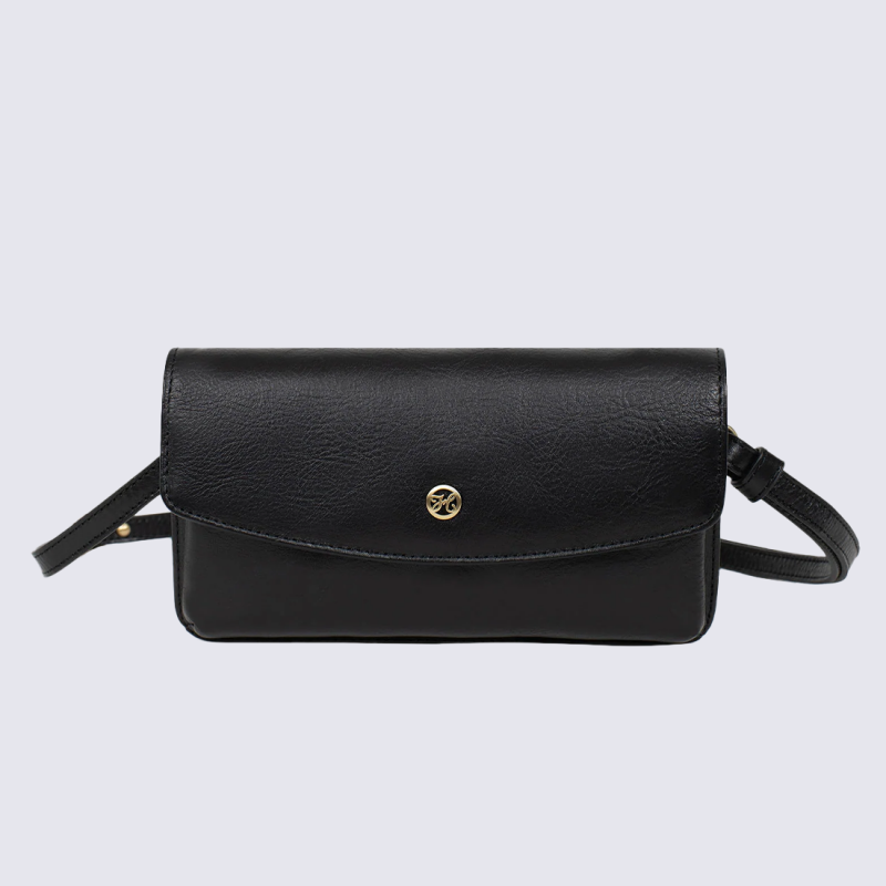Sac portefeuille HEXAGONA, Sac portefeuille bandoulière chic femme en cuir noir