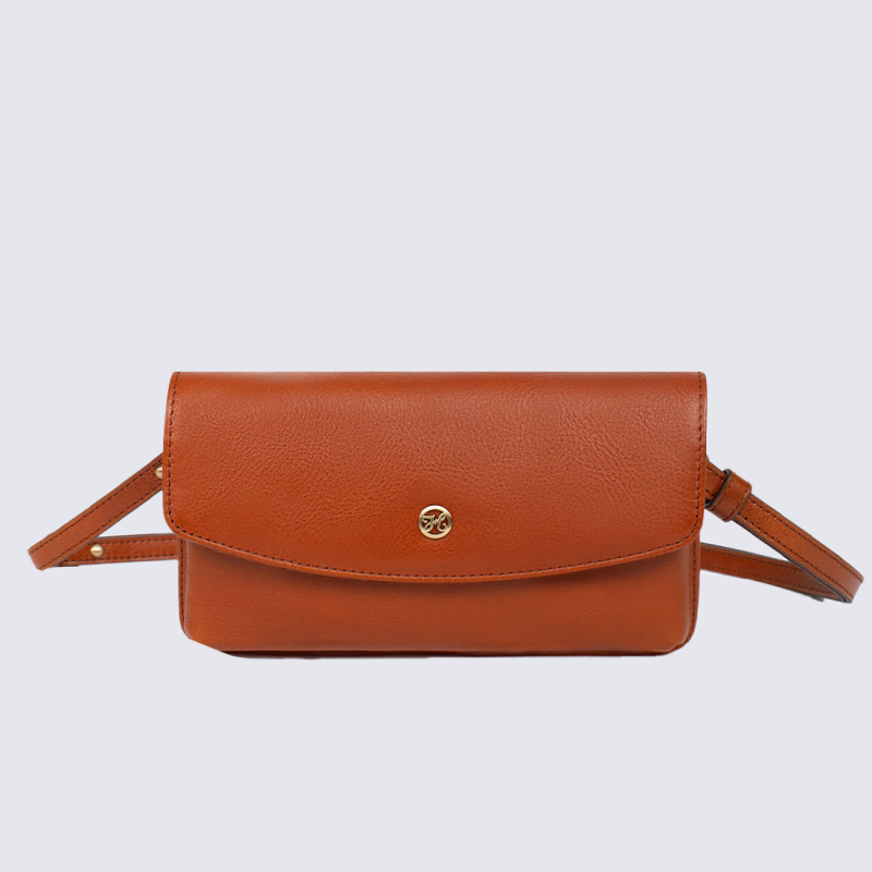 Sac portefeuille HEXAGONA, Sac portefeuille bandoulière chic femme en cuir cognac