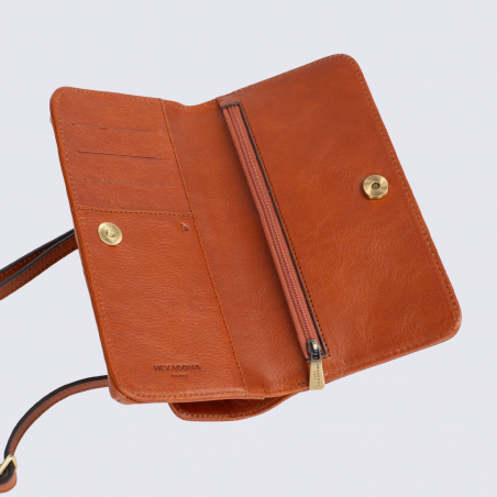 Sac portefeuille HEXAGONA, Sac portefeuille bandoulière chic femme en cuir cognac