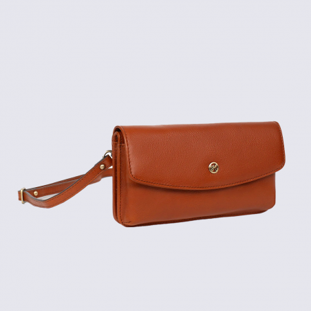 Sac portefeuille HEXAGONA, Sac portefeuille bandoulière chic femme en cuir cognac