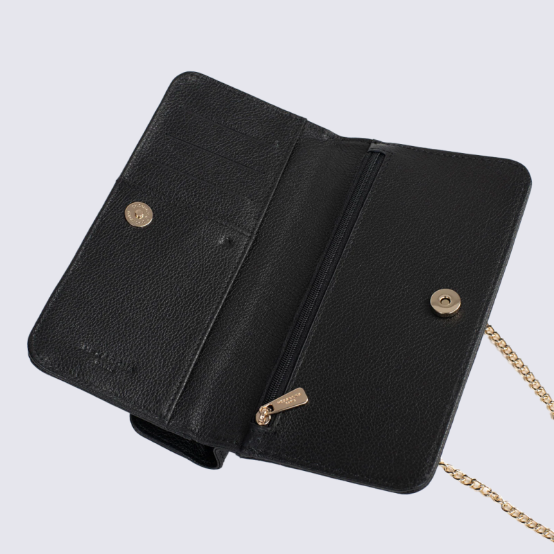 Portefeuille bandoulière Hexagona, Portefeuille bandoulière élégant sécurisé femme en cuir noir