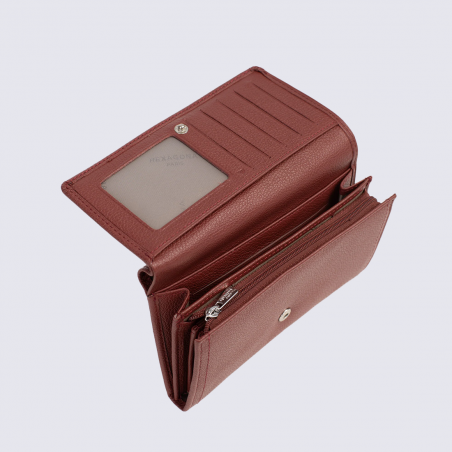 Portefeuille Hexagona, Portefeuille élégant femme en cuir de vachette grainé bordeaux