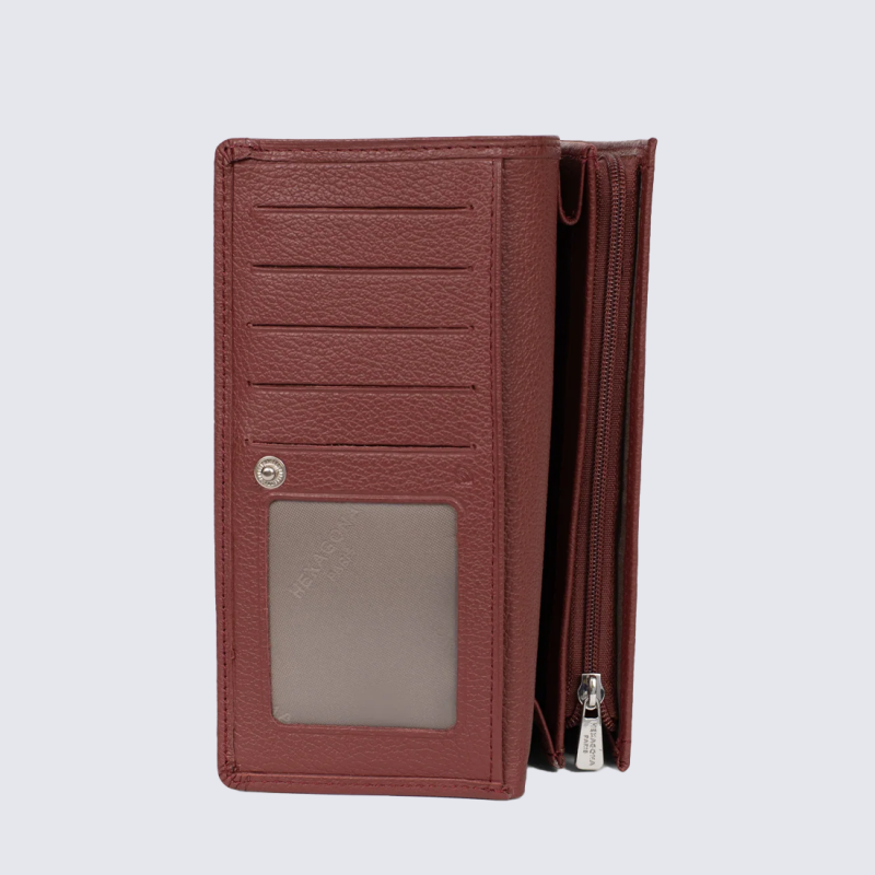 Portefeuille Hexagona, Portefeuille élégant femme en cuir de vachette grainé bordeaux