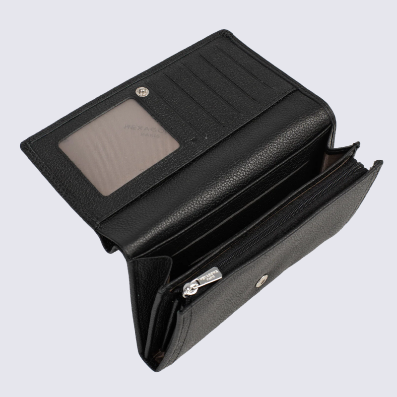 Portefeuille Hexagona, Portefeuille élégant femme en cuir de vachette grainé noir