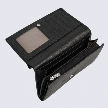 Portefeuille Hexagona, Portefeuille élégant femme en cuir de vachette grainé noir