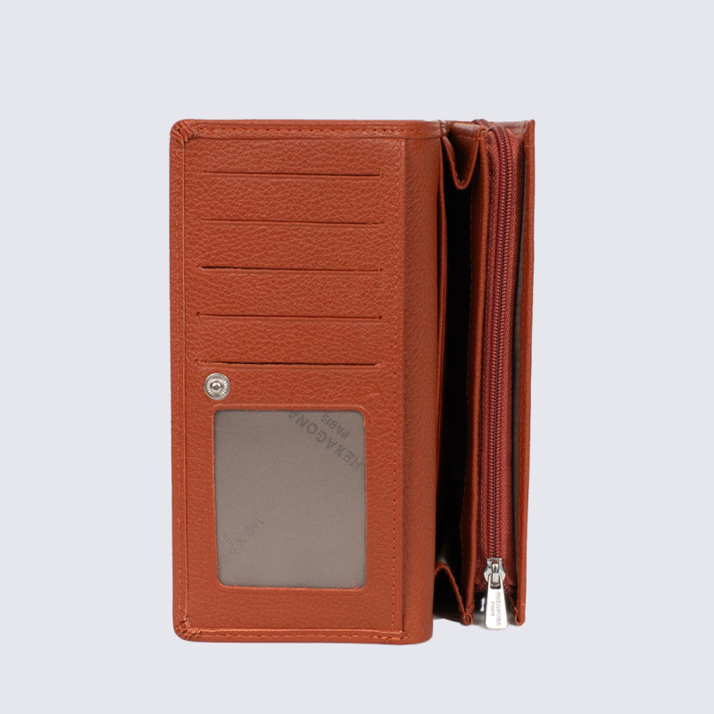 Portefeuille Hexagona, Portefeuille élégant femme en cuir de vachette grainé terre