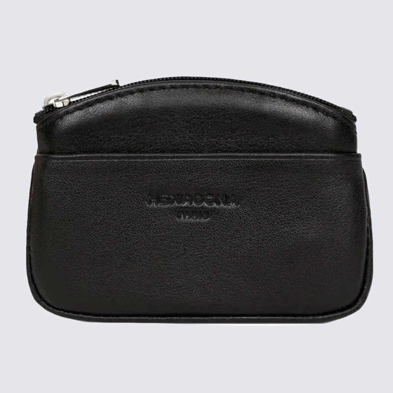 Porte-monnaie Soft Hexagona, Porte-monnaie compact mixte en cuir de vachette noir