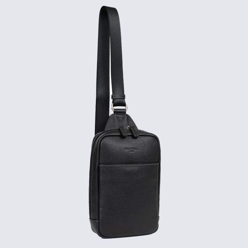 Sacoche bandoulière Hexagona, Sacoche bandoulière compacte mixte en cuir de vachette grainé noir