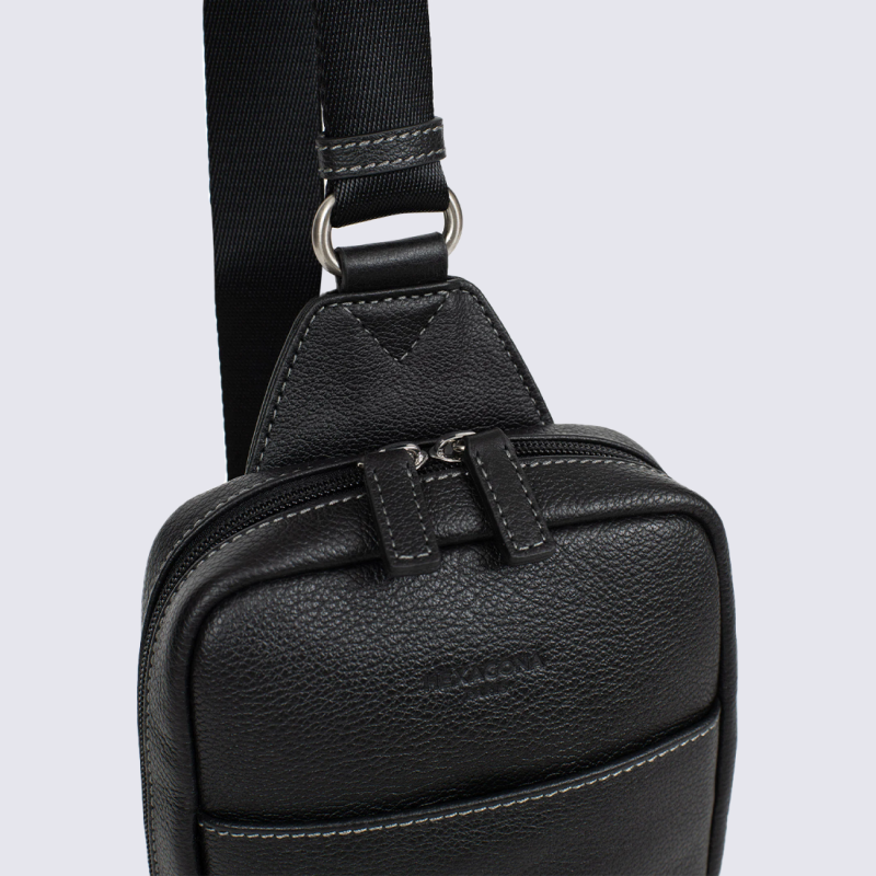 Sacoche bandoulière Hexagona, Sacoche bandoulière compacte mixte en cuir de vachette grainé noir