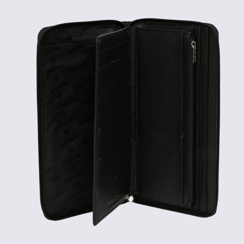 Portefeuille Hexagona, Portefeuille grand format élégant mixte en cuir de vachette grainé noir