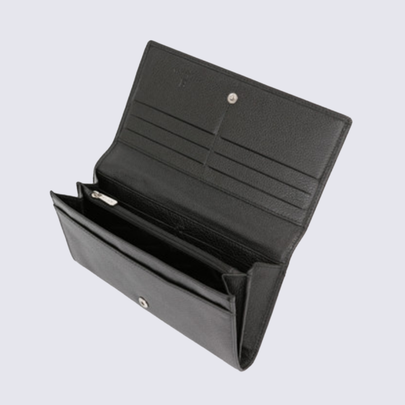 Portefeuille long Hexagona, Portefeuille élégant mixte en cuir de vachette grainé noir