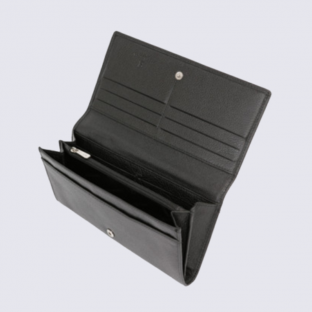 Portefeuille long Hexagona, Portefeuille élégant mixte en cuir de vachette grainé noir