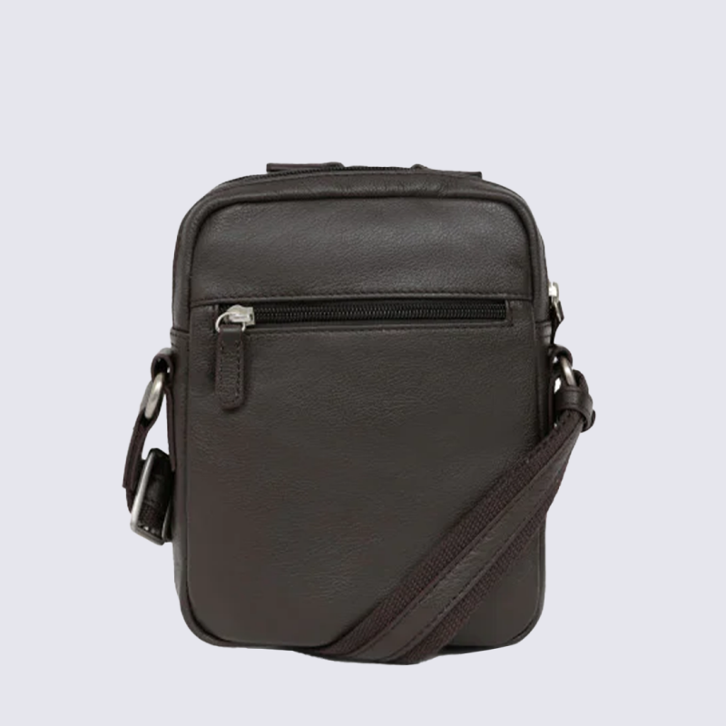 Sacoche bandoulière Hexagona, Sacoche bandoulière compacte homme en cuir grainé marron