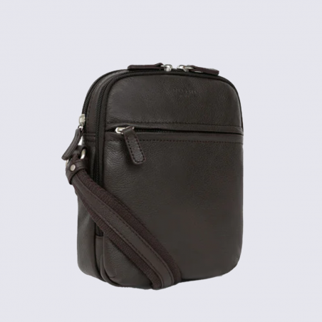 Sacoche bandoulière Hexagona, Sacoche bandoulière compacte homme en cuir grainé marron