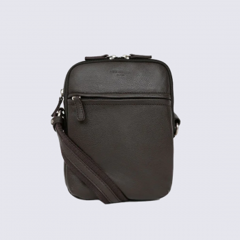 Sacoche bandoulière Hexagona, Sacoche bandoulière compacte homme en cuir grainé marron