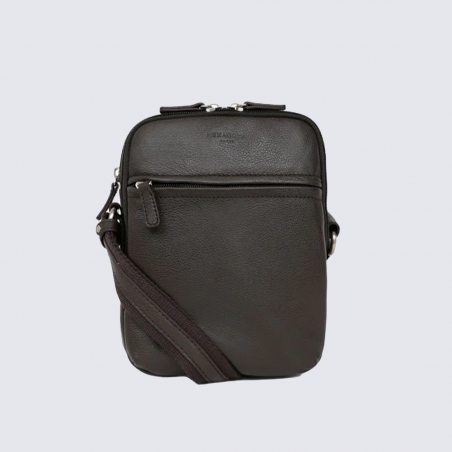 Sacoche bandoulière Hexagona, Sacoche bandoulière compacte homme en cuir grainé marron