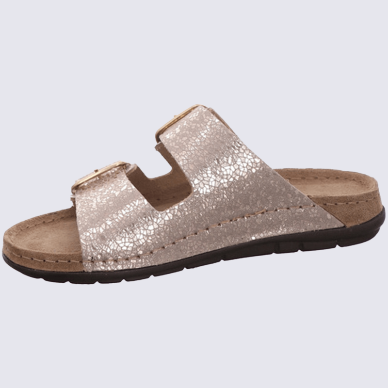 Mules Rohde, mules à deux brides métallisées femme en cuir nature