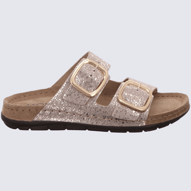 Mules Rohde, mules à deux brides métallisées femme en cuir nature