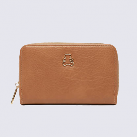 Portefeuille Lulu Castagnette, Portefeuille compact zippé femme en cuir taupe