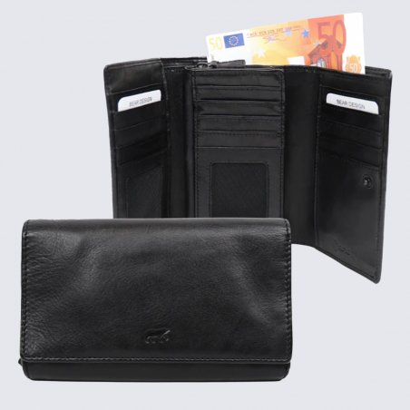 Portefeuille Bear Design, Portefeuille grand format femme en cuir noir