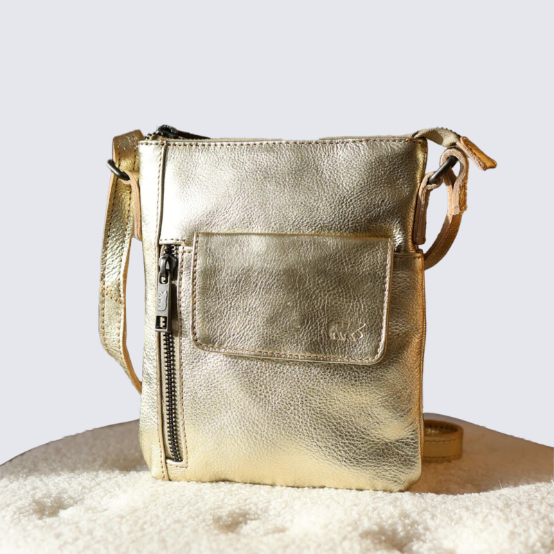 Sac bear, sac compact femme en cuir métallisé champagne