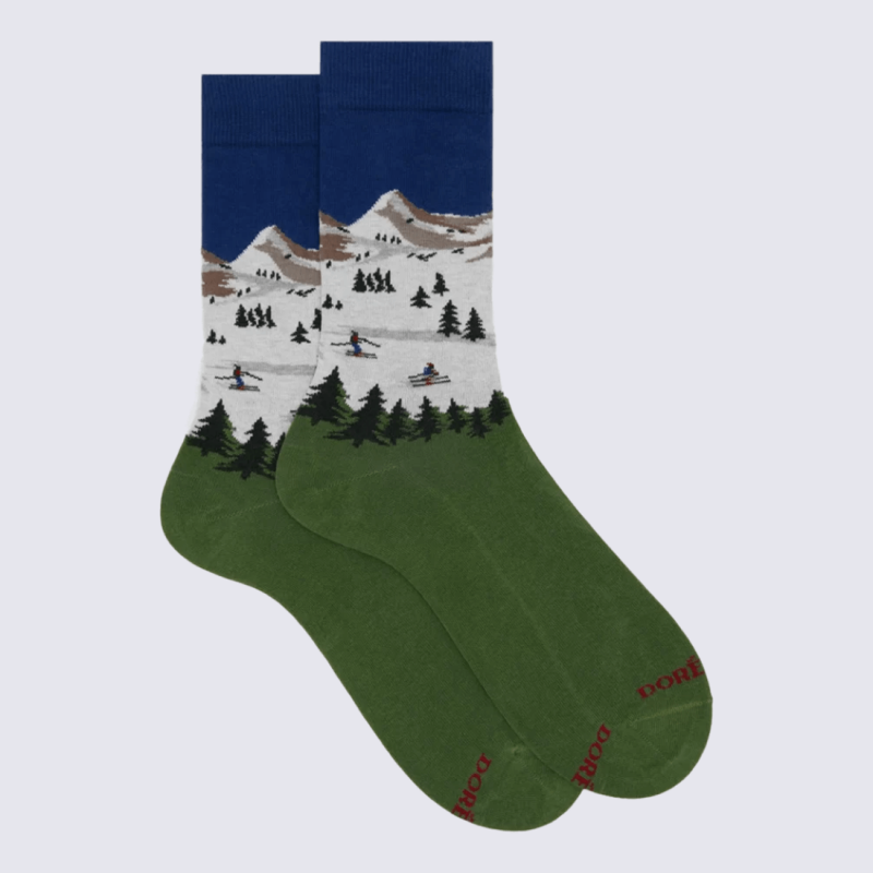 Chaussettes Doré Doré, motif montagne homme en coton peigné vert et écru