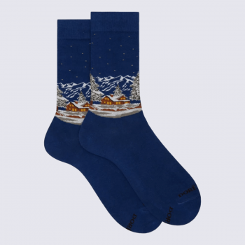 Chaussettes Doré Doré, Chaussettes motif chalet de montagne homme en coton peigné bleu