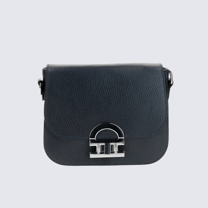 Sac bandoulière charlotte, Sac bandoulière femme en cuir martelé noir à fermoir