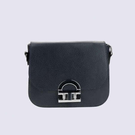 Sac bandoulière charlotte, Sac bandoulière femme en cuir martelé noir à fermoir