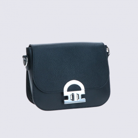 Sac bandoulière charlotte, Sac bandoulière femme en cuir martelé noir à fermoir