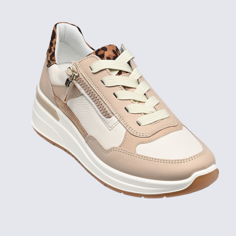 Baskets compensées Ara, Baskets compensées détail léopard femme en cuir beige