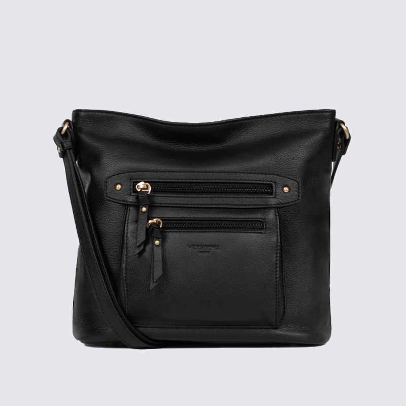 Sac Hexagona, sac porté travers femme en cuir de vachette noir