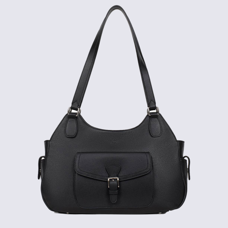 Sac à main Hexagona, Sac à main porté épaule femme en cuir de vachette noir